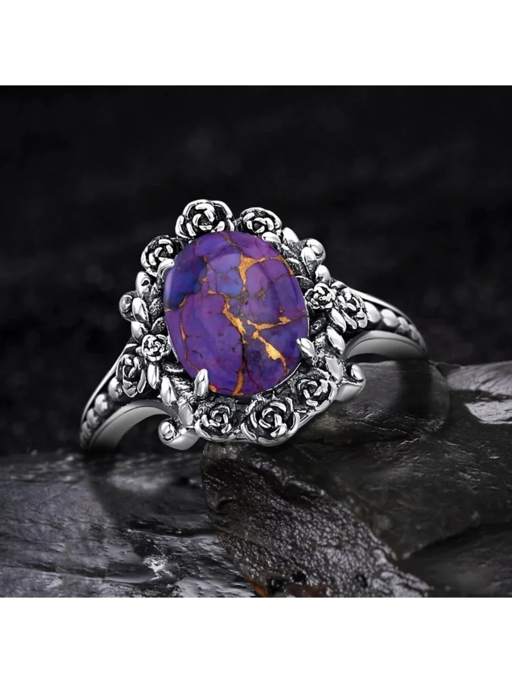Bohemian Turquoise Sterling Silver Ring for Women, Adjustable Floral Design
